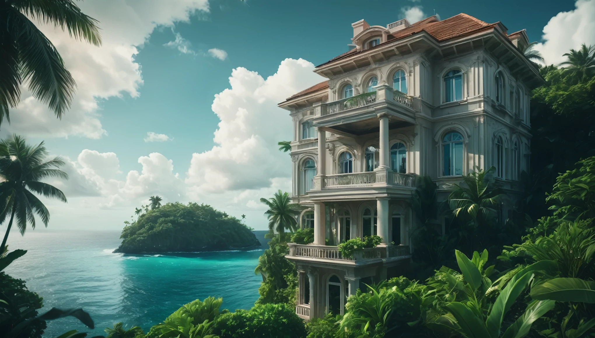 Create an image of a multi-story beautiful ornate luxury modern mansion perched precariously at the end of a tiny tropical island in the middle of the vast ocean. The island is lush with tropical vegetation. The scene should be cinematic, resembling a film still shot on a V-Raptor XL, with a film grain texture, vignette effect, and color grading to enhance the dramatic atmosphere. The lighting should be cinematic, with a 35mm film quality and a live-action feel, meticulously post-processed to create an epic and stunning visual masterpiece. The mood should be a blend of exciting beautiful tranquility and amazing intensity, making the viewer feel a sense of awe and amazement. The sky should be clear with a few cumulus clouds, adding to the atmospheric tone of the image.
The image should evoke a sense of wonder and mystery, captivating art critics and evoking new emotions in those who view it. Ultra photo realistic, vibrant colors, 16 k