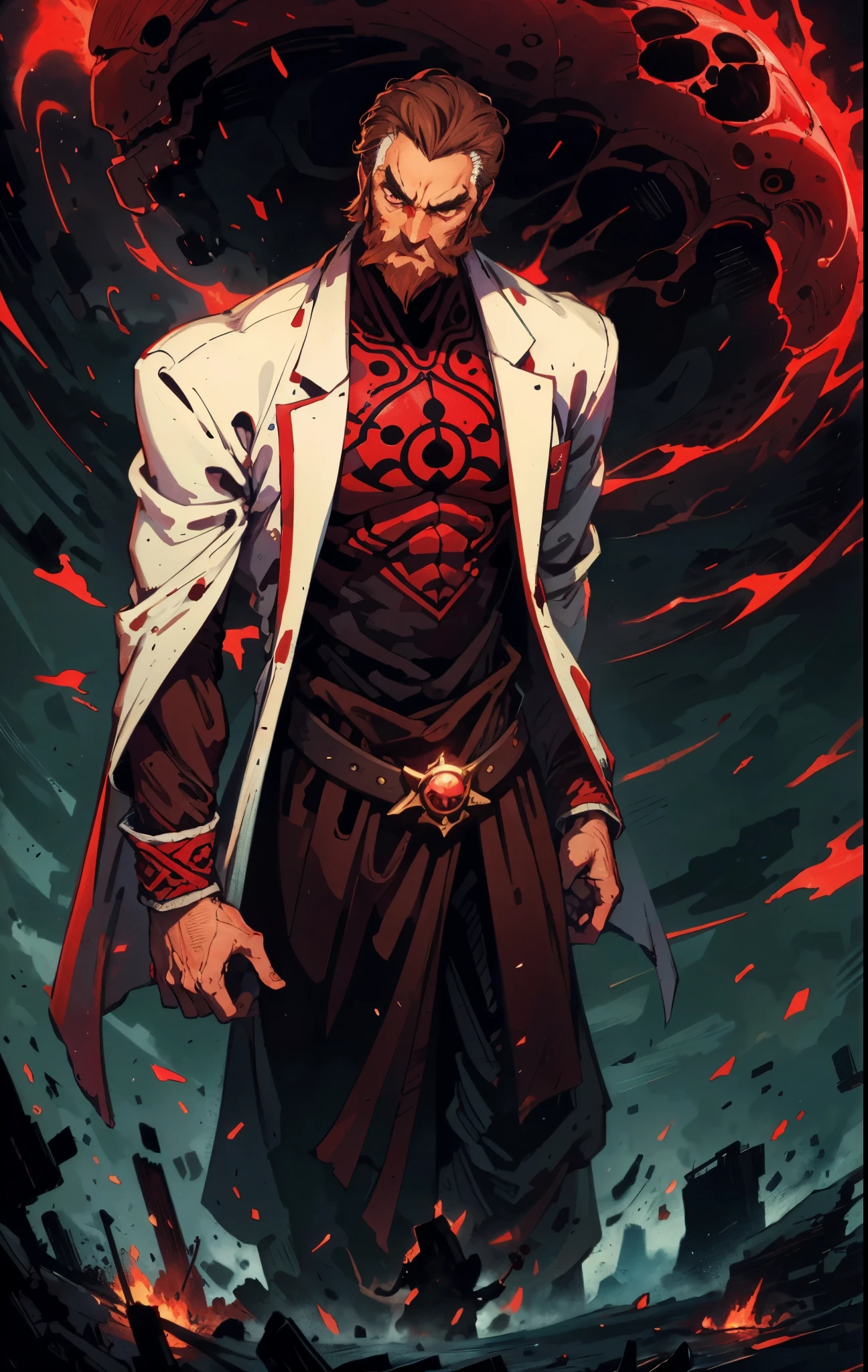 A 50-year-old man with slicked-back reddish-brown short hair, a large beard covering the lower half of his face, piercing eyes, handsome features, an open dark red fantasy martial arts-style robe coat, flowing short sleeves, a black and white undershirt, matching cloth trousers, a metal belt buckle, he exudes a dark red aura of death, strides down a desolate and silent moonlit street, this character embodies a finely crafted fantasy martial arts-style overlord in anime style, exquisite and mature manga art style, dramatic, high definition, best quality, highres, ultra-detailed, ultra-fine painting, extremely delicate, professional, perfect body proportions, golden ratio, anatomically correct, symmetrical face, extremely detailed eyes and face, high quality eyes, creativity, RAW photo, UHD, 32k, Natural light, cinematic lighting, masterpiece-anatomy-perfect, masterpiece:1.5