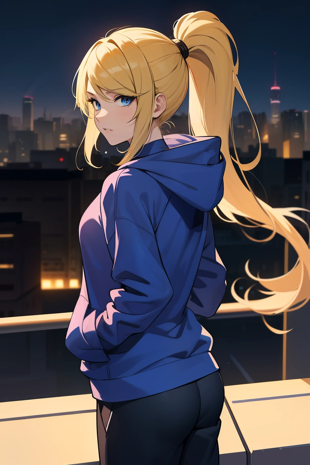 masterpiece, best quality, samus aran, ponytail, hair tie, blue hoodie, black sweatpants, looking at viewer, city background, cowboy shot