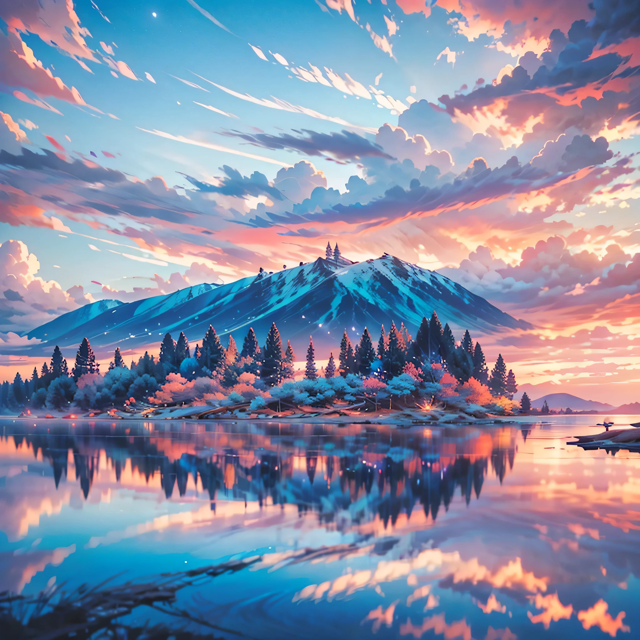 , Blue view, bigsky、sea、Aerial、
there is a beautiful sunset with a lake and trees in the background, colorful skies, surreal colors, colorful sunset, colorful sky, marvellous reflection of the sky, stunning sky, dream like atmosphere 8k, colorful clouds, colors reflecting on lake, surreal sky, red and blue reflections, fire reflection, beautiful sky, beautiful and spectacular dusk, beautiful dreamy landscape, amazing sky