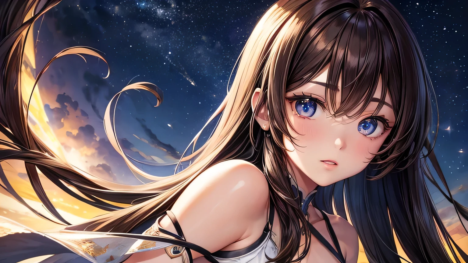 Beautiful woman 1.3, Beautiful brown hair、Straight Long Hair: 1.2, summer: 1.2,night: 1.1, Ultra-high resolution, Accurate, Super detailed, Textured skin, High detail, highest quality, 8k,Thin bangs,Upper Body,Well-drawn eyes, Focus on the face,White cross strap tank top dress,Detailed hair depiction,Detailed depiction of eyes、Detailed depiction of hair、Upper Body、Starry Sky