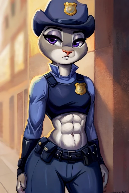 ((best quality)), ((masterpiece)), (detailed), Judy hoops with abs wearing a crop top of her police uniform 