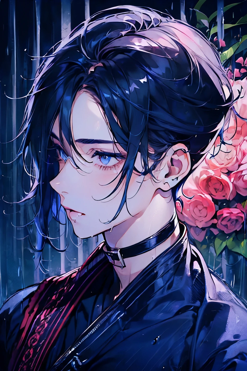 ((male:1.5)),(forhead mark),((NAVY hair)),((rainy:1.2)),((Glossy lips:1.2)),(nsfw:1.0),((high quality:1.2)),((perfect graphic:1.2)),((beautiful image:1.2)),((high resolution:1.2)),blush,(marine:1.2),((Wet Hair:1.3)),((perfect hand:1.0)),(kiss me:1.35)