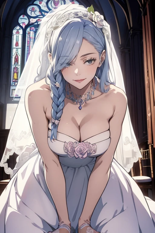 (masterpiece:1.3, highest quality, Ultra-high resolution, Very detailed), (Realistic, photoRealistic:1.4), Beautiful illustrations, (Natural Side Lighting, Cinema Lighting), Written boundary depth,
Looking at the audience, Bust photo, 1 girl, , Perfect Face, (Perfect Anatomy), Symmetrical cute face, Baby Face, Shiny skin, thin
(Long Hair:1.8, Straight hair:1.2, Silver Hair), Hair above one eye, Purple eyes, Pink Lips, Long eyelashes, (Big Breasts:1.3),
Beautiful Hair, Beautiful Face, Fine and beautiful eyes, Beautiful clavicle, Beautiful body, Beautiful breasts, Beautiful thighs, Beautiful legs, Beautiful fingers,
High-quality fabric, wedding princess dress, Flower head, Head ornament, (Bandeau wedding dress:1.5), (Silk dress:1.2), (Strapless Wedding Dress:1.5),
plain white dress, necklace, Earrings, Cleavage, bouquet, (Lace gloves:1.2), (Bridal Veil:1.2), (Short transparent veil:1.2),
(Beautiful views), evening, Sunny day, (church, Stained glass) walk, (smile, blush),