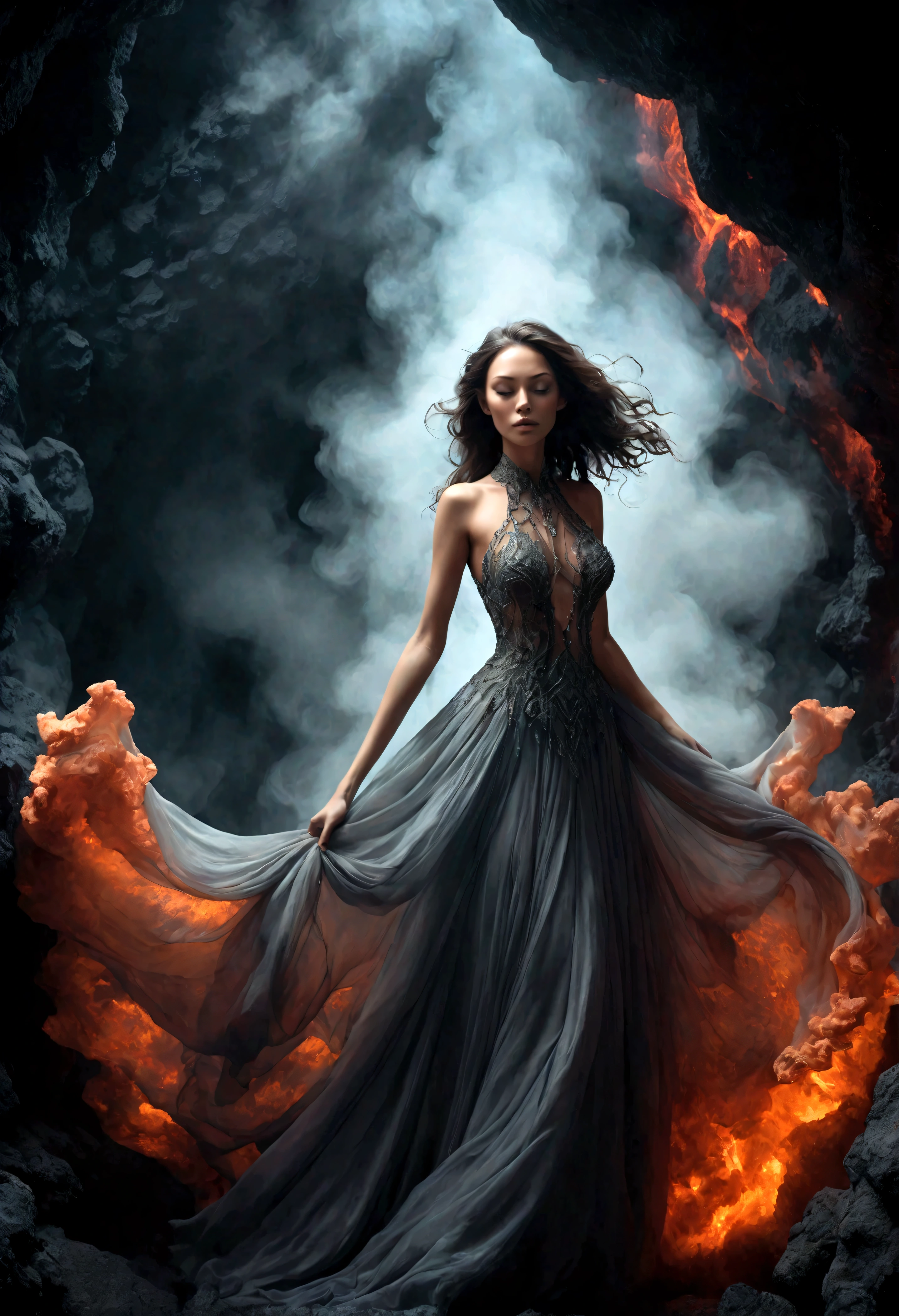 3d render smoke swirling horror female Lilith dripping plasma, disintegrating, ghost in swirling motion, transparent swirling stringy smoke, graveyard background, ultra detailed, horrorcore, hyperrealistic 8k photo realistic sharp detail (full view) centered in darkness, perfect hands