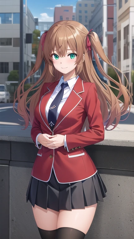 ((masterpiece)),(best quality),official art,extremely delicate and beautiful,extremely detailed CG,unity 8k wallpaper,ultra detailed,beautiful detailed eyes,extremely detailed face,outdoors,1girl,solo,cowboy shot,looking at viewer,facing viewer,smile,Tomizawa Erisu,long hair,brown hair,twintails,two side up,hair ribbon,red ribbon,sidelocks,hair between eyes,bangs,green eyes,,red jacket,blazer,buttons,blue necktie,collared shirt,white shirt,large breasts,long sleeves,miniskirt,black skirt,pleated skirt,zettai ryouiki,black thighhighs,loafers,brown footwear,