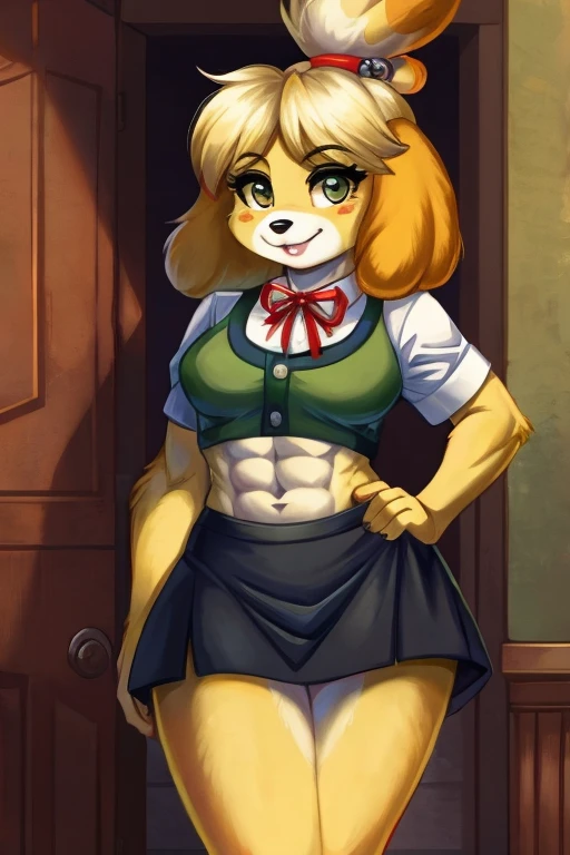 ((best quality)), ((masterpiece)), (detailed), Isabelle with abs wearing a crop top of her white short sleeve shirt with green vest, navy blue skirt and red ribbon
