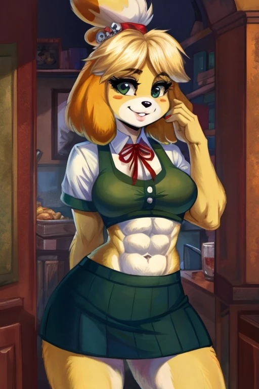 ((best quality)), ((masterpiece)), (detailed), Isabelle with abs wearing a crop top of her white short sleeve shirt with green  vest, navy blue skirt and red ribbon 