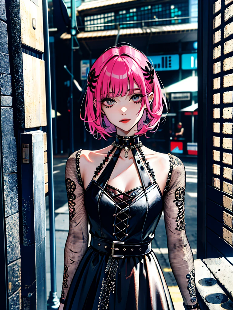 (Masterpiece:1.2, Best quality), (real photo, Intricate details), (1lady, solo, Upper body, small breast) ,all body,clothes:advance guard,advance guard,Experiment with appearance:Shave your head or bold hair color,Dramatic makeup,Unconventional fashion choice behavior:rebel、Not conformist、Provocation location:Urban Arts District、Underground music venues Hobbies:Take part in a punk show、Create mixed media art、Try different subcultural values:personality、authentic、Creative expression of inspiration:Punk rock music、Counterculture icons,Avant-garde art movement character traits:daring、daring、act outside the box。