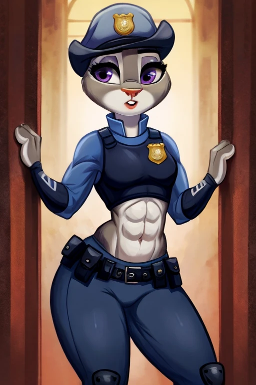 ((best quality)), ((masterpiece)), (detailed), Judy hoops with abs wearing a crop top of her police uniform, she pokes her navel
