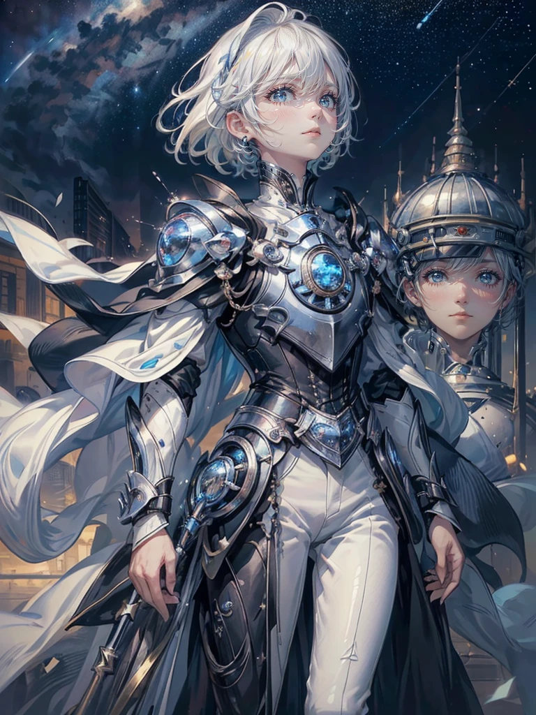 ((4K works))、masterpiece、(top-quality)、One beautiful boy、Slim body、tall、((Black Y-shirt and white pants、Charming British knight style))、Please wear one jacket、(Detailed beautiful eyes)、Fantastic Night City、((City under the stars))、Fantastic city at midnight、((Face similar to Carly Rae Jepsen))、((Short-haired white hair))、((Smaller face))、((Neutral face))、((Bright blue eyes))、((American adult male))、((Adult male 26 years old))、((Cool Men))、((Like a celebrity))、((Crying expression))、((sad look))、((Korean Makeup))、((elongated and sharp eyes))、((Happy dating))、((boyish))、((Upper body photography))、Professional Photos、((Shot alone))、((She is looking up at the sky under the roof))、((Shot from the side))、((Crying profile))、((Face crying in pain))、((He is looking upwards))、((His eyes are looking down))、((He stands next to the viewer))、((He who cries))、I'm crying on a stick.、Man crying while standing、Solitude、saddened、desolate、suffocating、heartbreaking、auw