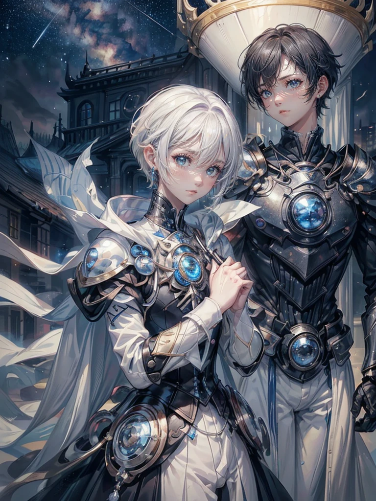 ((4K works))、masterpiece、(top-quality)、One beautiful boy、Slim body、tall、((Black Y-shirt and white pants、Charming British knight style))、Please wear one jacket、(Detailed beautiful eyes)、Fantastic Night City、((City under the stars))、Fantastic city at midnight、((Face similar to Carly Rae Jepsen))、((Short-haired white hair))、((Smaller face))、((Neutral face))、((Bright blue eyes))、((American adult male))、((Adult male 26 years old))、((Cool Men))、((Like a celebrity))、((Crying expression))、((sad look))、((Korean Makeup))、((elongated and sharp eyes))、((Happy dating))、((boyish))、((Upper body photography))、Professional Photos、((Shot alone))、((She is looking up at the sky under the roof))、((Shot from the side))、((Crying profile))、((Face crying in pain))、((He is looking upwards))、((His eyes are looking down))、((He stands next to the viewer))、((He who cries))、I'm crying on a stick.、Man crying while standing、Solitude、saddened、desolate、suffocating、heartbreaking、auw