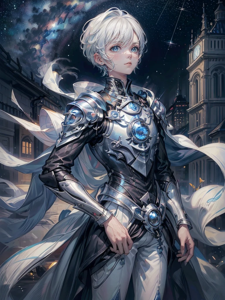 ((4K works))、masterpiece、(top-quality)、One beautiful boy、Slim body、tall、((Black Y-shirt and white pants、Charming British knight style))、Please wear one jacket、(Detailed beautiful eyes)、Fantastic Night City、((City under the stars))、Fantastic city at midnight、((Face similar to Carly Rae Jepsen))、((Short-haired white hair))、((Smaller face))、((Neutral face))、((Bright blue eyes))、((American adult male))、((Adult male 26 years old))、((Cool Men))、((Like a celebrity))、((Crying expression))、((sad look))、((Korean Makeup))、((elongated and sharp eyes))、((Happy dating))、((boyish))、((Upper body photography))、Professional Photos、((Shot alone))、((She is looking up at the sky under the roof))、((Shot from the side))、((Crying profile))、((Face crying in pain))、((He is looking upwards))、((His eyes are looking down))、((He stands next to the viewer))、((He who cries))、I'm crying on a stick.、Man crying while standing、Solitude、saddened、desolate、suffocating、heartbreaking、auw