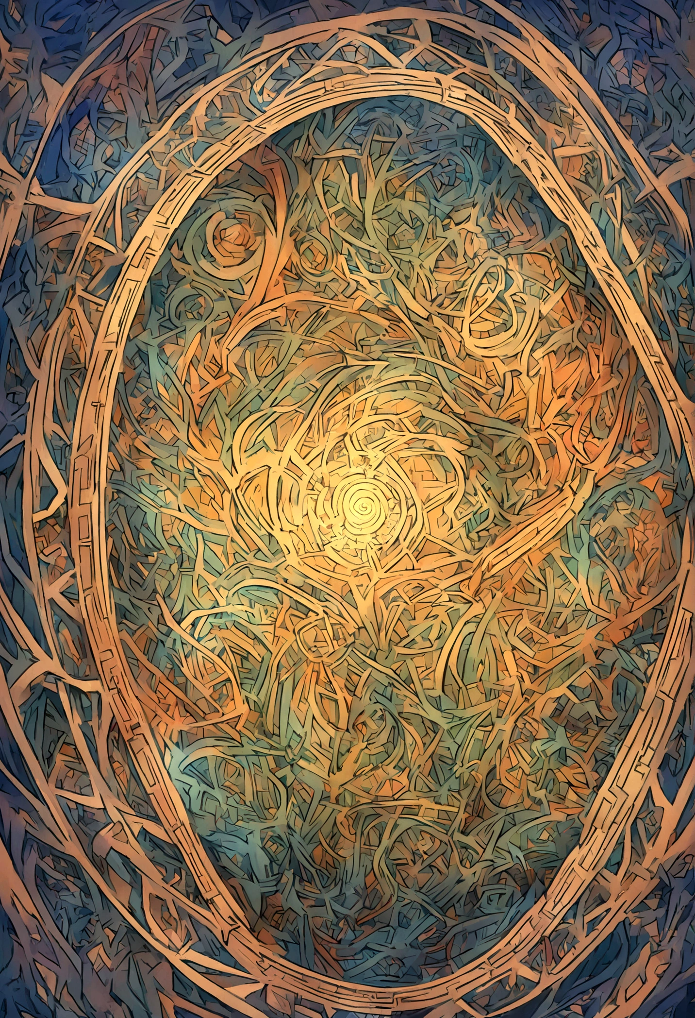 An illustration of a complex labyrinth with several branches, representing a divergent narrative. Inspired by MC Escher's art style, the maze features intricate lines and illusory perspectives. With a vibrant and contrasting color palette, the maze conveys the idea of different paths to explore. The facial expressions of the characters within the maze are one of surprise and curiosity. The lighting is bright and the atmosphere is one of discovery and challenge.--v 5 --stylize 1000