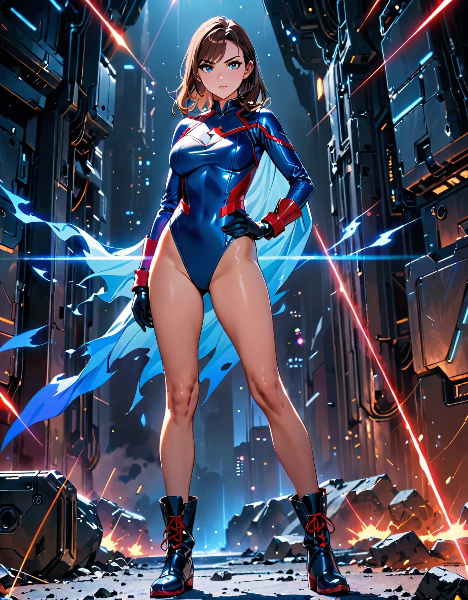 lisachi, masterpiece, best quality, highres, 1girl, solo, superhero, leotard, bare legs, boots, matching boots, sleeveless, gloves, matching gloves, looking at viewer, city backdrop, blue and white leotard, standing, hands on hip, full body shot, smile, glowing body