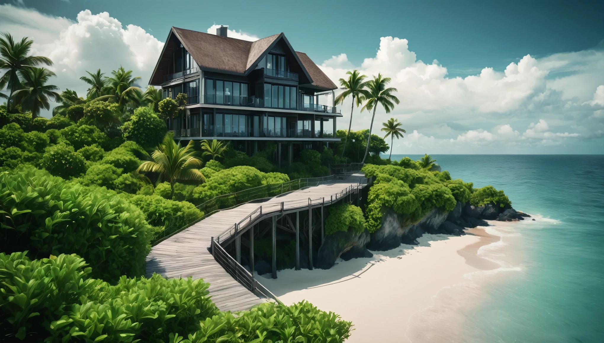 Create an image of a multi-story beautiful ornate luxury modern mansion perched precariously at the end of a tiny tropical island in the middle of the vast ocean. The island is lush with tropical vegetation. The scene should be cinematic, resembling a film still shot on a V-Raptor XL, with a film grain texture, vignette effect, and color grading to enhance the dramatic atmosphere. Stairs leading down from the house to the beach. The beach has a boardwalk branching out in a array of directions where they lead to luxury romantic huts on stilts sitting above the water with access from the boardwalk. The lighting should be cinematic, with a 35mm film quality and a live-action feel, meticulously post-processed to create an epic and stunning visual masterpiece. The mood should be a blend of exciting beautiful tranquility and amazing intensity, making the viewer feel a sense of awe and amazement. The sky should be clear with a few cumulus clouds, adding to the atmospheric tone of the image.
The image should evoke a sense of wonder and mystery, captivating art critics and evoking new emotions in those who view it. Ultra photo realistic, vibrant colors, 16 k