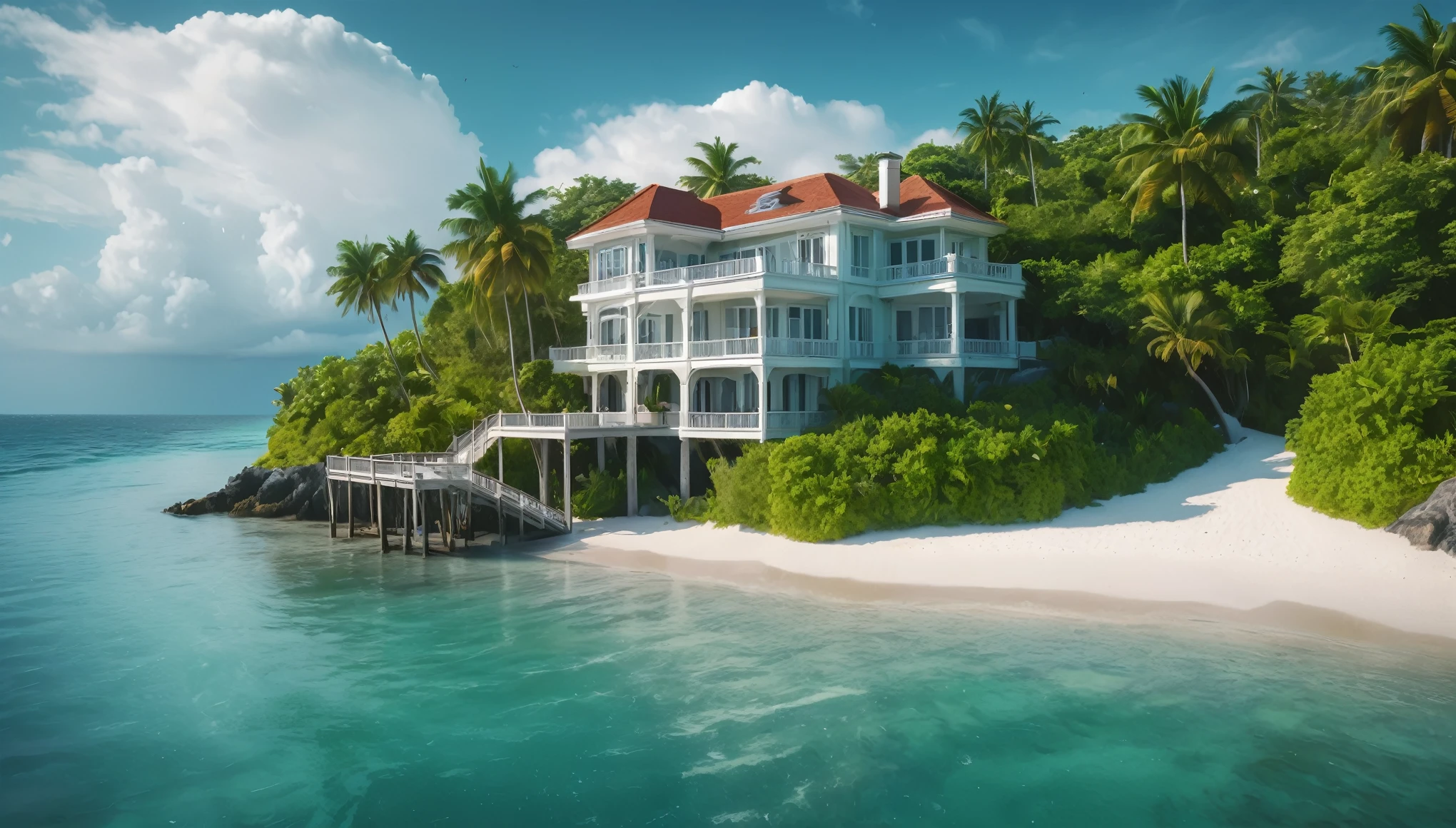 Create an image of a multi-story beautiful ornate luxury modern mansion perched precariously at the end of a tiny tropical island in the middle of the vast ocean. The island is lush with tropical vegetation. The scene should be cinematic, resembling a film still shot on a V-Raptor XL, with a film grain texture, vignette effect, and color grading to enhance the dramatic atmosphere. Stairs leading down from the house to the beach. The beach has a boardwalk branching out in a array of directions where they lead to luxury romantic huts on stilts sitting above the water with access from the boardwalk. The lighting should be cinematic, with a 35mm film quality and a live-action feel, meticulously post-processed to create an epic and stunning visual masterpiece. The mood should be a blend of exciting beautiful tranquility and amazing intensity, making the viewer feel a sense of awe and amazement. The sky should be clear with a few cumulus clouds, adding to the atmospheric tone of the image.

The image should evoke a sense of wonder and mystery, captivating art critics and evoking new emotions in those who view it. Ultra photo realistic, vibrant colors, 16 k