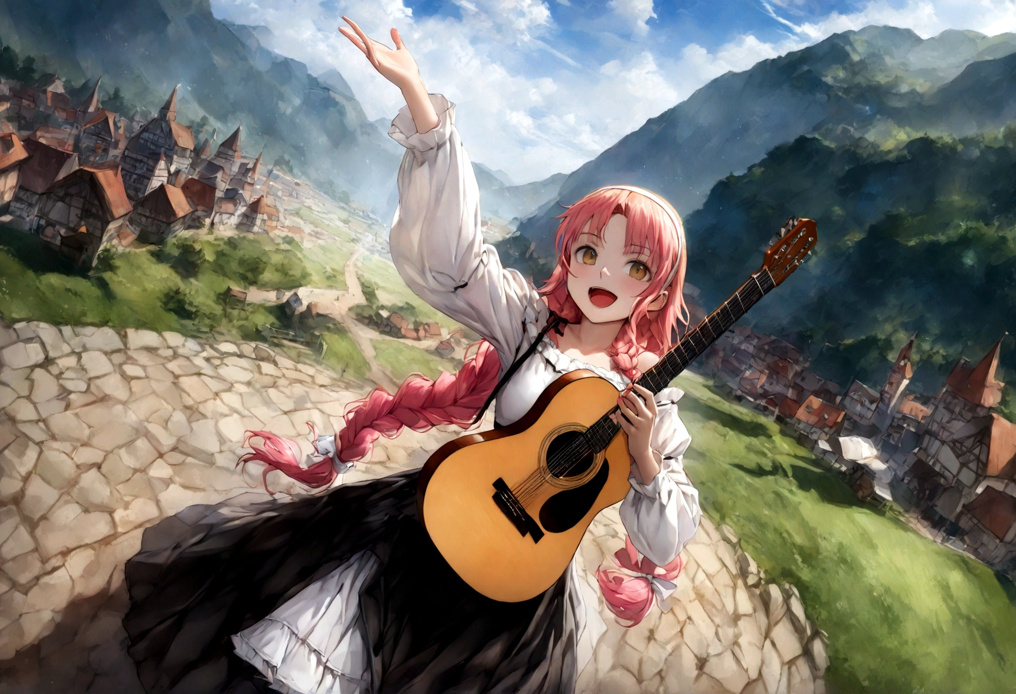 anime, chibe, (((Top quality, 4k, 8k, high resolution, masterpiece: 1.2))), (super detailed), (realistic), (photorealistic), (photorealistic: 1.37), (HDR, UHD), (studio (lighting)), ultra-fine drawing, sharp focus, physically based rendering, highly detailed, professional, vibrant colors, perfect ditaile hand, highly detailed realistic eyes, anime, cartoon, multiple girls, A lot of girls, 48 ​​girls, Medieval European clothing, Medieval European citizen clothing, (((Girls playing guitar))), Many girls dancing on the stage, Countryside, Village Festival Stage, festival, carnival, festival decoration, smile, open mouth, brown hair, black hair, green hair, pink hair, blue hair, blond, orange hair, long hair, Medium long hair, short hair, Twin tail hairstyle, braid hairstyle, ribbon, hair ornaments, hairband, white hairband, brown eyes, blue eyes, red eyes, black eyes, green eyes, Yellow Eyes, Mini skirt,thighhighs, Long skirt, socks, looking at viewer, (((Long shot, Panorama, Aerial view, Distant view))),