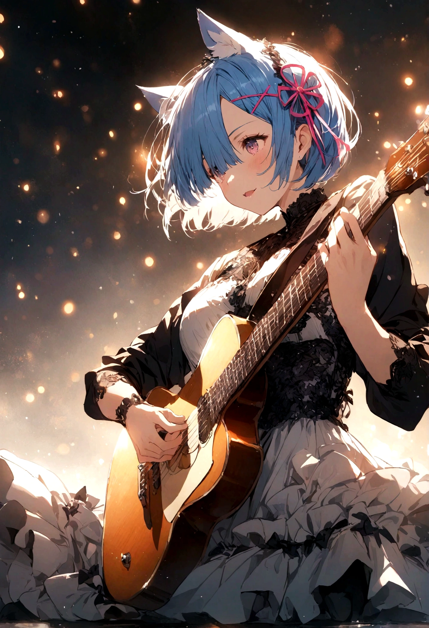 (cat ears),(Rem),playing guitar