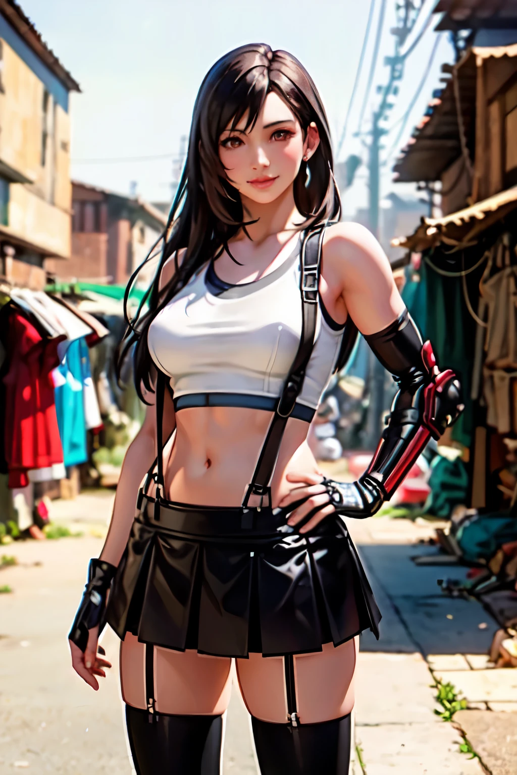 (best quality, masterpiece:1.4), (ultra high resolution:1.4), 8k illustration, extremely detailed, 3D, (realistic:1.45), (photo realistic:1.47), soft focus, blurry background, a Japanese woman, 7rtifa, incredible beautiful woman, extremely delicate and beautiful woman, solo, cute and pretty face, elegant, gentle, neat, red eyes, puffy lips, low-tied long hair, medium breasts, clear and fair skin, perfect figure, earrings, white crop top, suspenders, pleated miniskirt, black thighhighs, arm guards, elbow gloves, fingerless gloves, standing, both hands on hips, gentle smile, (in the slum:1.3), (cowboy shot), (shot from diagonally front),