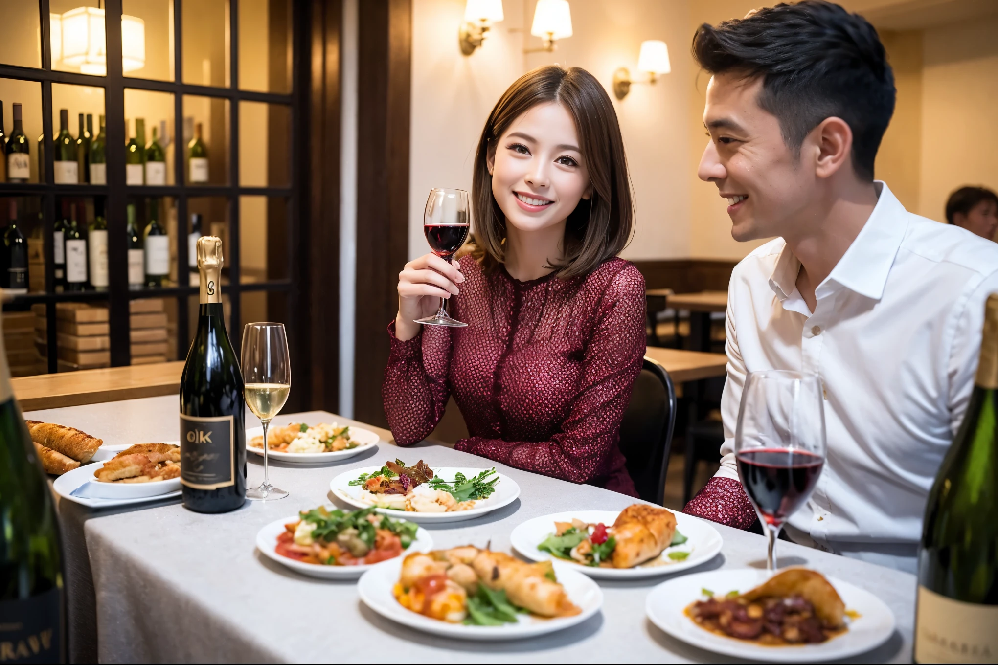 ((highest quality、8k、masterpiece:1.3))、1 male、1 female、A lover who resembles Satomi Ishihara、Beautiful couple、smile、full-course dinner、 (Slim face), (the body is スリム), (Brown Hair), (short hair), テーブルの上のwine glass、Please shine a light on my face、 Amazing view of the sunset sky and clouds、 (Age 43), 50 years old, red wine 、Appetizers、Italian food、Wine bottle、Champagne、sparkling wine、Long sleeve shirt、dress、White wine, red wine, wine glass,