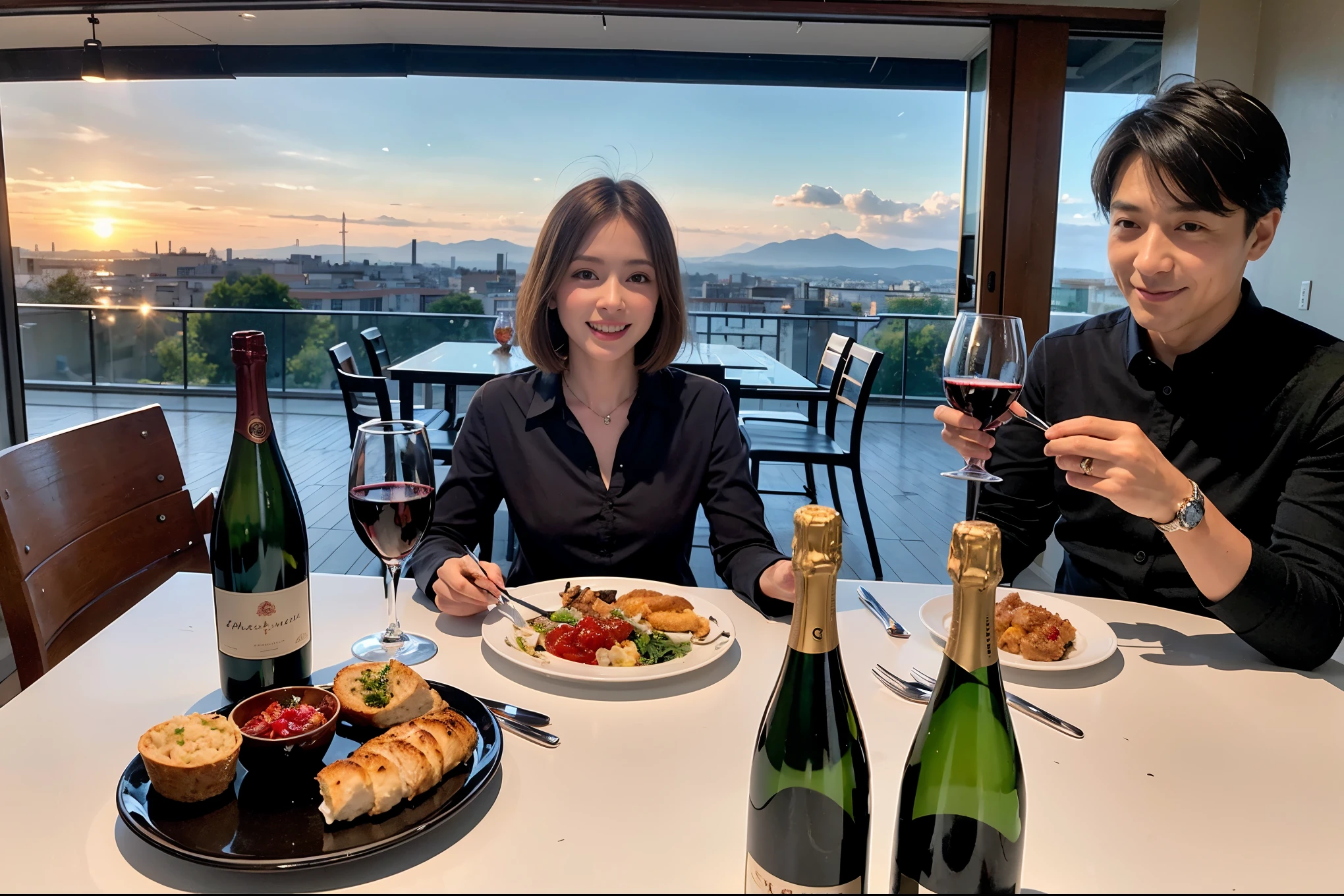 ((highest quality、8k、masterpiece:1.3))、1 male、1 female、A lover who resembles Satomi Ishihara、Beautiful couple、smile、full-course dinner、 (Slim face), (the body is スリム), (Brown Hair), (short hair), テーブルの上のwine glass、Please shine a light on my face、 Amazing view of the sunset sky and clouds、 (Age 43), 50 years old, red wine 、Appetizers、Italian food、Wine bottle、Champagne、sparkling wine、Long sleeve shirt、dress、White wine, red wine, wine glass, 