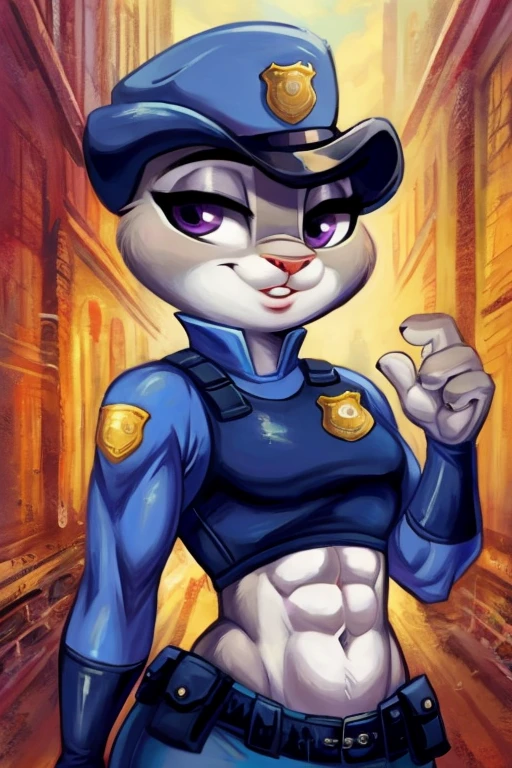 ((best quality)), ((masterpiece)), (detailed), Judy hoops with sunglasses and abs wearing a crop top of her long sleeve police uniform, she fingers her navel