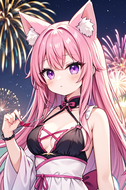 Pink Hair、long hair、Cat ear、Purple eyes、Summer festival fireworks going off、Festivals、There is one fox