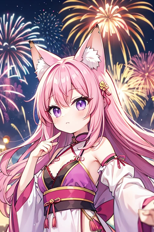 Pink Hair、long hair、Cat ear、Purple eyes、Summer festival fireworks going off、Festivals、There is one fox