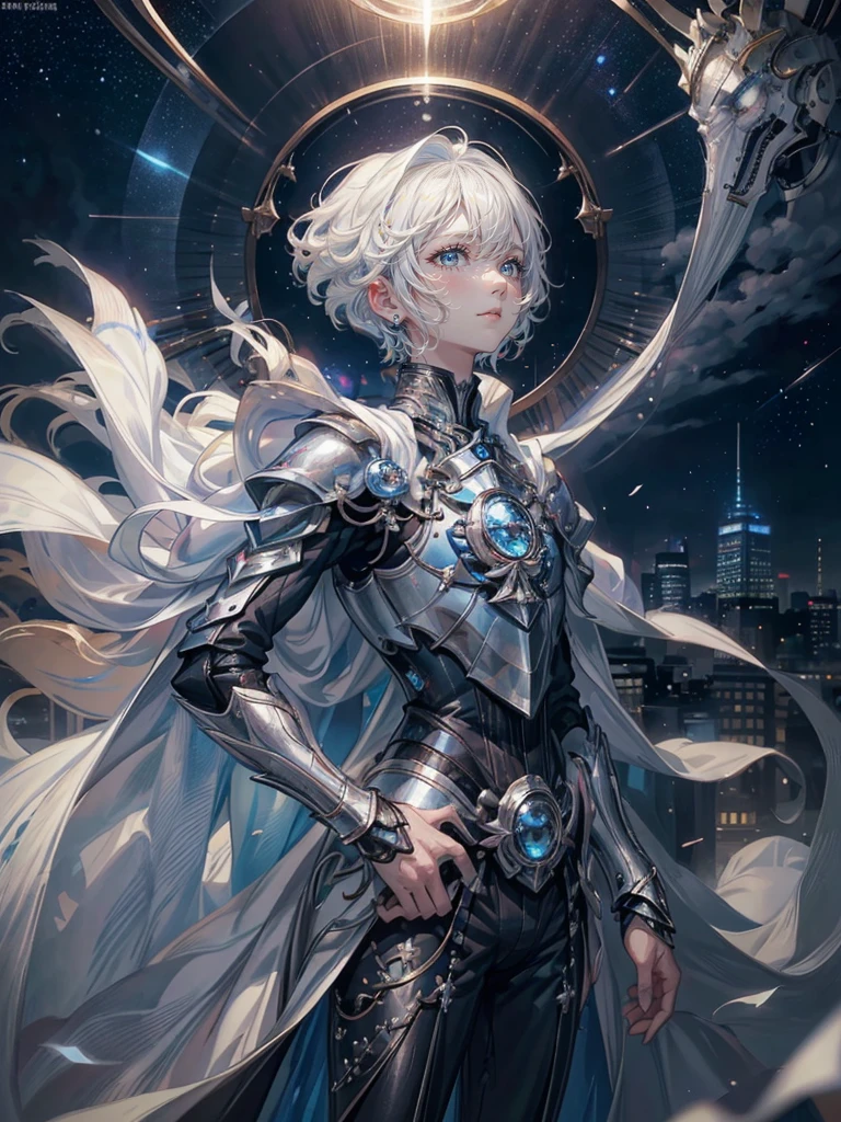 ((4K works))、masterpiece、(top-quality)、One beautiful boy、Slim body、tall、((Black Y-shirt and white pants、Charming British knight style))、Please wear one jacket、(Detailed beautiful eyes)、Fantastic Night City、((City under the stars))、Fantastic city at midnight、((Face similar to Carly Rae Jepsen))、((Short-haired white hair))、((Smaller face))、((Neutral face))、((Bright blue eyes))、((American adult male))、((Adult male 26 years old))、((Cool Men))、((Like a celebrity))、((Crying expression))、((sad look))、((Korean Makeup))、((elongated and sharp eyes))、((Happy dating))、((boyish))、((Upper body photography))、Professional Photos、((Shot alone))、((She is looking up at the sky under the roof))、((Shot from the side))、((Crying profile))、((Face crying in pain))、((He is looking upwards))、((His eyes are looking down))、((He stands next to the viewer))、((He who cries))、I'm crying on a stick.、Man crying while standing、Solitude、saddened、desolate、suffocating、heartbreaking、auw