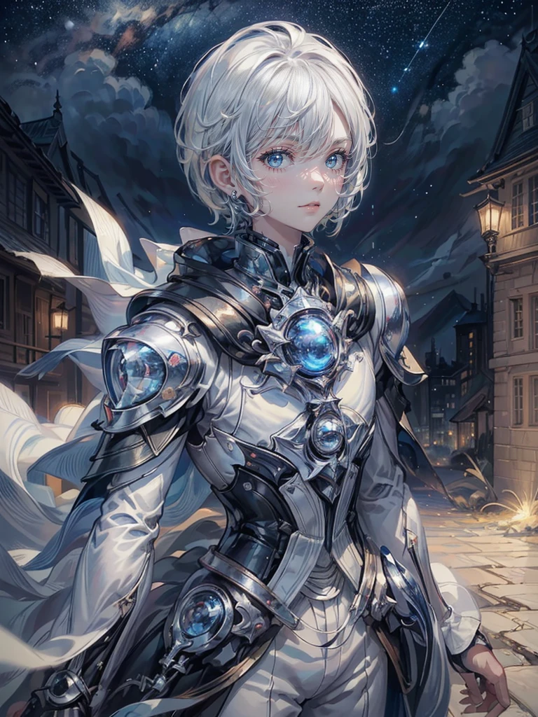 ((4K works))、masterpiece、(top-quality)、One beautiful boy、Slim body、tall、((Black Y-shirt and white pants、Charming British knight style))、Please wear one jacket、(Detailed beautiful eyes)、Fantastic Night City、((City under the stars))、Fantastic city at midnight、((Face similar to Carly Rae Jepsen))、((Short-haired white hair))、((Smaller face))、((Neutral face))、((Bright blue eyes))、((American adult male))、((Adult male 26 years old))、((Cool Men))、((Like a celebrity))、((Crying expression))、((sad look))、((Korean Makeup))、((elongated and sharp eyes))、((Happy dating))、((boyish))、((Upper body photography))、Professional Photos、((Shot alone))、((She is looking up at the sky under the roof))、((Shot from the side))、((Crying profile))、((Face crying in pain))、((He is looking upwards))、((His eyes are looking down))、((He stands next to the viewer))、((He who cries))、I'm crying on a stick.、Man crying while standing、Solitude、saddened、desolate、suffocating、heartbreaking、auw