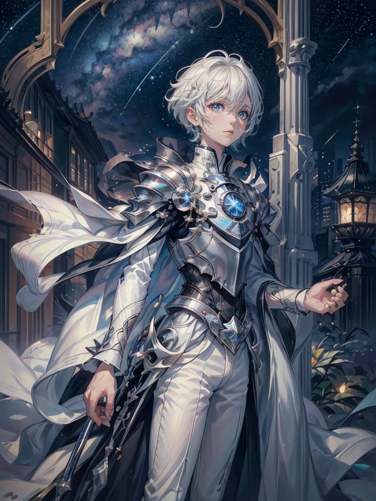 ((4K works))、​masterpiece、(top-quality)、One beautiful boy、Slim body、tall、((Black Y-shirt and white pants、Charming British knight style))、Please wear one jacket、(Detailed beautiful eyes)、Fantastic Night City、((City under the stars))、Fantastic city at midnight、((Face similar to Carly Rae Jepsen))、((Short-haired white hair))、((Smaller face))、((Neutral face))、((Bright blue eyes))、((American adult male))、((Adult male 26 years old))、((Cool Men))、((Like a celebrity))、((Crying expression))、((sad look))、((Korean Makeup))、((elongated and sharp eyes))、((Happy dating))、((boyish))、((Upper body photography))、Professional Photos、((Shot alone))、((She is looking up at the sky under the roof))、((Shot from the side))、((Crying profile))、((Face crying in pain))、((He is looking upwards))、((His eyes are looking down))、((He stands next to the viewer))、((He who cries))、I'm crying on a stick.、Man crying while standing、Solitude、saddened、desolate、suffocating、heartbreaking、auw