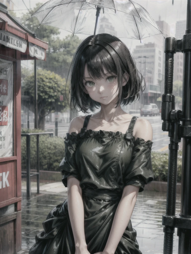 best quality, ultra-detailed, high resolution, extremely detailed cg, anime style, 8k, nice hands, perfect hands, perfect body, (green eyes), (black hair up to shoulder), drill hair, ribbon, beautiful eyes,wet clothes, short red dress, detailed and beautiful face and eyes, ((shiny skin)), shiny hair, (detailed and beautiful shiny clothes, under a kiosk, in a square, waiting for rain to pass,overcast sky, rainy day