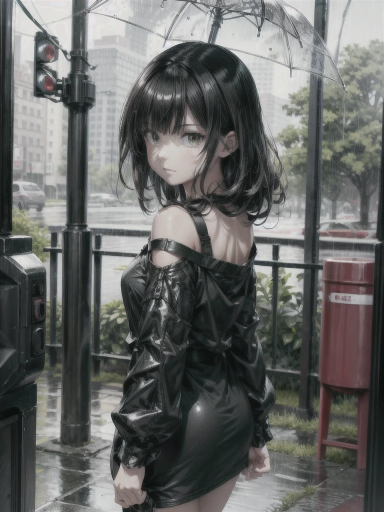 best quality, ultra-detailed, high resolution, extremely detailed cg, anime style, 8k, nice hands, perfect hands, perfect body, (green eyes), (black hair up to shoulder), drill hair, ribbon, beautiful eyes,wet clothes, short red dress, detailed and beautiful face and eyes, ((shiny skin)), shiny hair, (detailed and beautiful shiny clothes, under a kiosk, in a square, waiting for rain to pass,overcast sky, rainy day