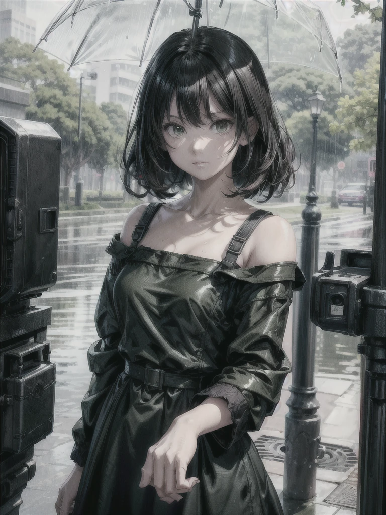best quality, ultra-detailed, high resolution, extremely detailed cg, anime style, 8k, nice hands, perfect hands, perfect body, (green eyes), (black hair up to shoulder), drill hair, ribbon, beautiful eyes,wet clothes, short red dress, detailed and beautiful face and eyes, ((shiny skin)), shiny hair, (detailed and beautiful shiny clothes, under a kiosk, in a square, waiting for rain to pass,overcast sky, rainy day