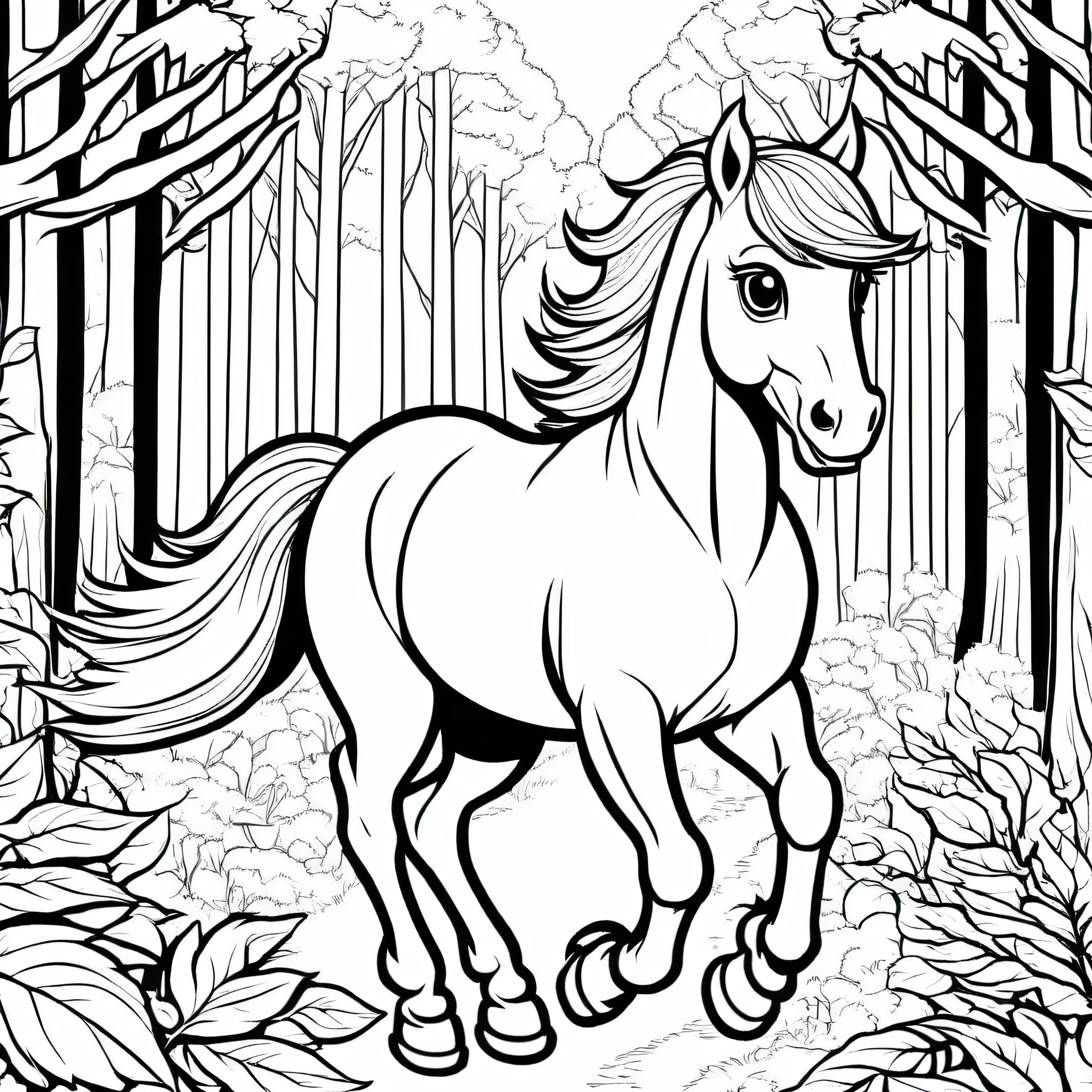 A cute horse run in the forest, cartoon, ,Coloring Book, ColoringBookAF,