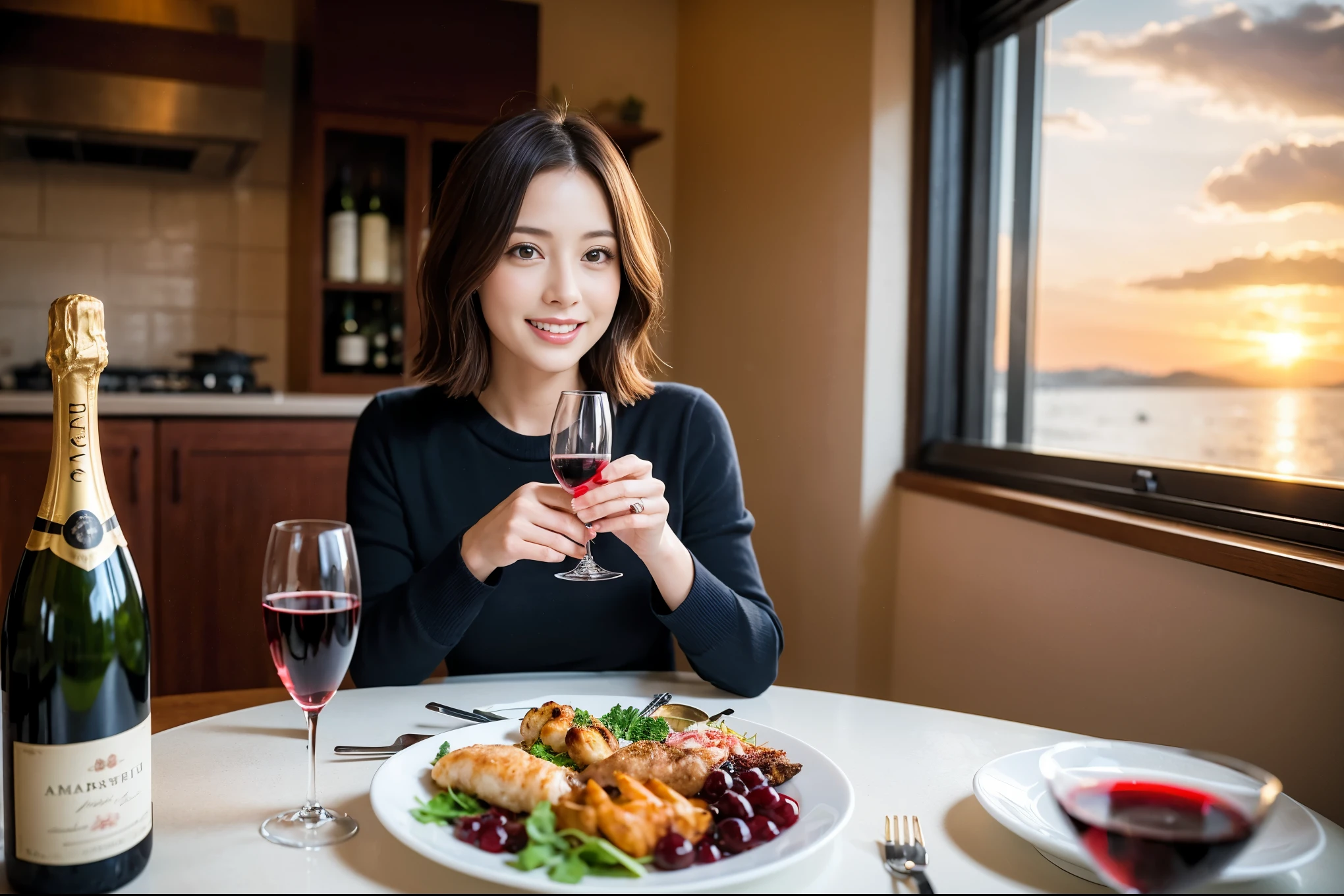 ((highest quality、8k、masterpiece:1.3))、1 male 1 female、A lover who resembles Satomi Ishihara、Beautiful couple、smile、full-course dinner、 (Slim face), (the body is スリム), (Brown Hair), (short hair), テーブルの上のwine glass、Please shine a light on my face、 Amazing view of the sunset sky and clouds、 (Age 43), 52 years old, red wine 、Appetizers、Italian food、Wine bottle、Champagne、sparkling wine、Long sleeve shirt、dress、White wine, red wine, wine glass,