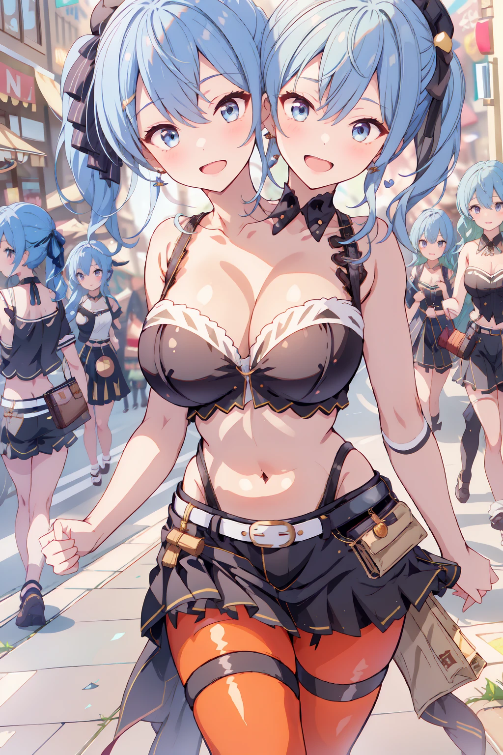 (masterpiece, best quality), best resolution, 16k, (3heads:1.5), close-up, 1girl, solo, HoshimachiSuisei, side ponytail, blue hair ribbon, SuiseiStreet, long hair, half updo, black beret, black miniskirt, miniskirtskirt, black crop top, sleeveless, bow earrings, bare neck, black belt, orange pantyhose, o-ring thigh strap, single garter strap, (cheek-to-cheek), ((hand holding a wallet)), ((eyes up looking sideways:1.3)), surprised, smiling, walking, open mouth, city, Shopping Street, street vendor, morning, open breasts, big tits, huge tits, open belly, exposed midriff