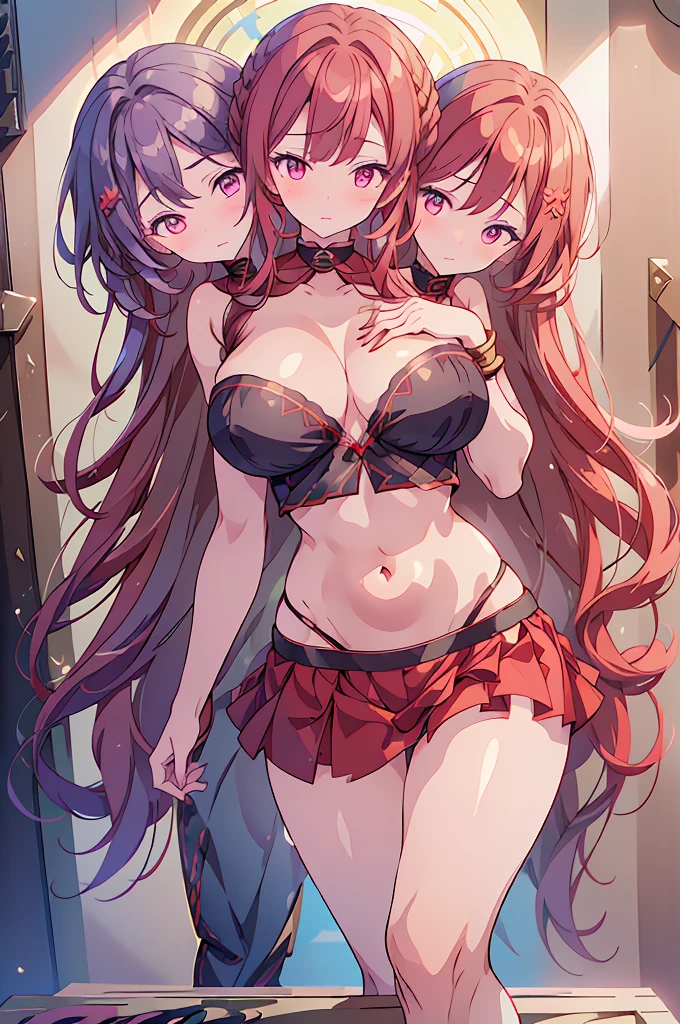 (masterpiece, best quality),best quality, (ultra-detailed), ((3heads:1.5)), 1girl, (sekibanki:1.3), masterpiece, best quality, ultra detail, ultra resolution, ultra detail, purple top, crop top, ((stomach)), midriff, ((groin)), red skirt, normal ears, shackles, red hair, very long hair, wavy hair, sidelocks, red eyes, very detailed eyes, parted lips, open belly, navel, sweat, cute, toned belly, hand on own chest, eyelashes, (23 year old woman:1.3), (masterpiece:1.5), (best quality:1.5), (beautiful detailed), extremely detailed CG, extremely delicate and beautiful, depth of field, (finely detailed face), (perfect details:1.2), (mature female:1.3), wide pelvis, slender, large veiny breast, 16k resolution, highres, high quality, high definition, extremely detailed, masterpiece, best quality, red hair, long hair, alluring presence, braid, short skirt, close up, very big tits, huge tits, young, striped, hair ornament, blue ribbon, hair bow, midriff, nsfw, girl with three heads, three headed girl,