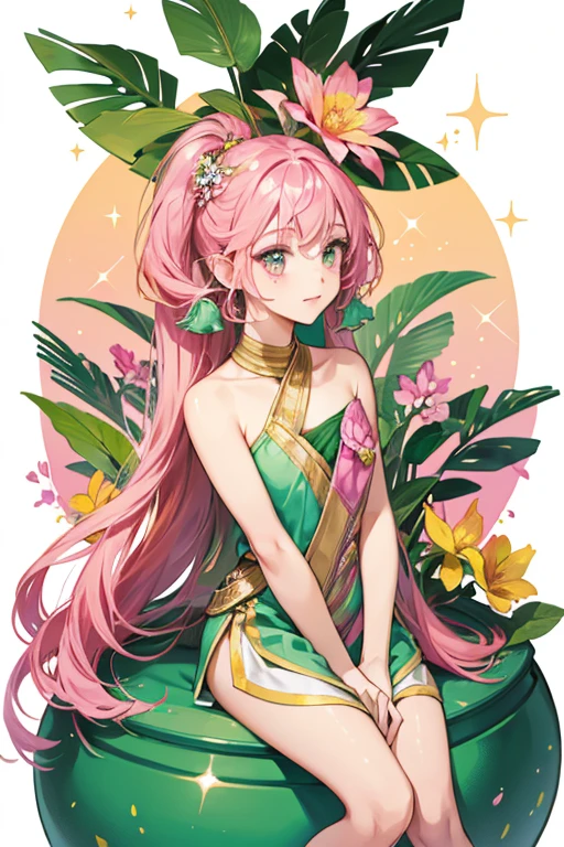 Petithanatchi has a round, pink head and arms resembling two green leaves. She has a flower with five magenta petals on top of her head, and her body is inside a flowerpot. SPARKLE; GLITTER