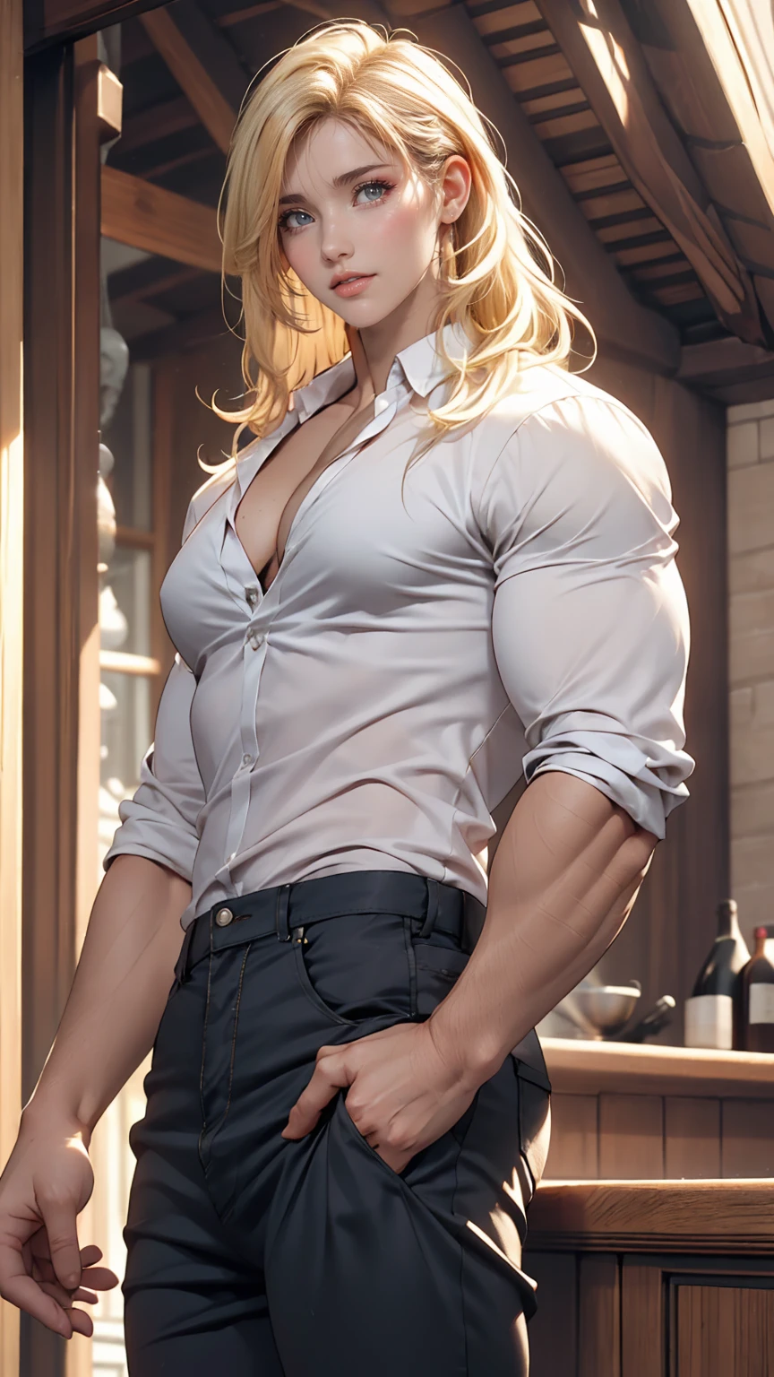 1 bodybuilding male, pretty face, smile, arms up, hairyarmpits, hairy armpit, hairy armpits, analog style, hairy chest hair, blush, solo, Rear Angle, platinum blonde hair and beard, ##twintails##, brown eyes, short hair, flowing hair, lace lingerie , bangs, outdoor, sunset, street, HDR, UHD, 64K, Highly detailed, hyper-realistic,