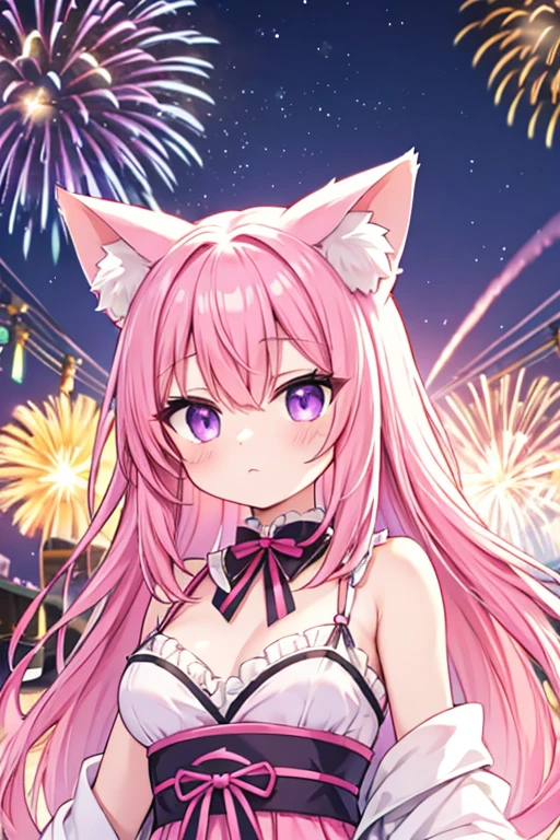 Pink Hair、long hair、Cat ear、Purple eyes、Summer festival fireworks going off、Festivals、Holding a fox