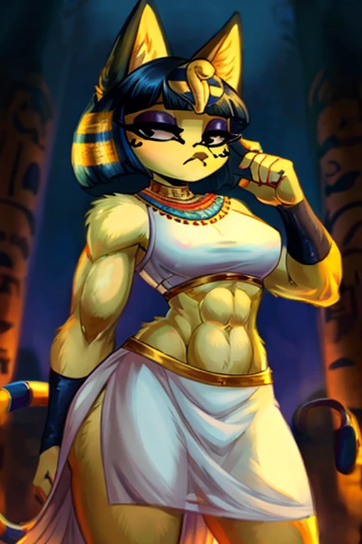 ((best quality)), ((masterpiece)), (detailed), Ankha with abs wearing a crop top of her white sleeveless dress with white dress skirt