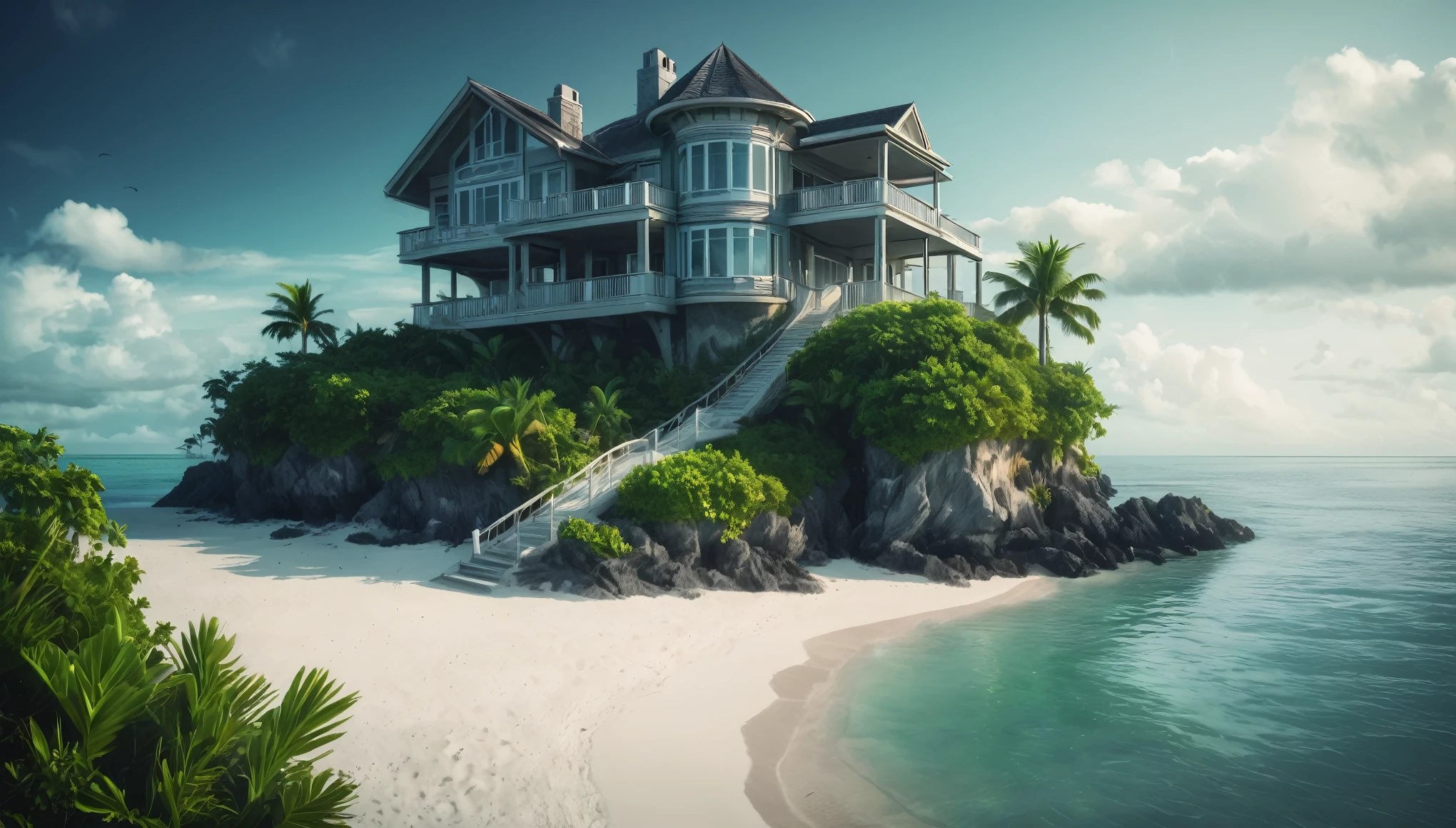 Create an image of a multi-story beautiful ornate luxury modern mansion perched precariously at the end of a tiny tropical island in the middle of the vast ocean. The island is lush with tropical vegetation. The scene should be cinematic, resembling a film still shot on a V-Raptor XL, with a film grain texture, vignette effect, and color grading to enhance the dramatic atmosphere. Stairs leading down from the house to the beach. The beach has a boardwalk branching out in a array of directions where they lead to luxury romantic huts on stilts sitting above the water with access from the boardwalk. The lighting should be cinematic, with a 35mm film quality and a live-action feel, meticulously post-processed to create an epic and stunning visual masterpiece. The mood should be a blend of exciting beautiful tranquility and amazing intensity, making the viewer feel a sense of awe and amazement. The sky should be clear with a few cumulus clouds, adding to the atmospheric tone of the image.
The image should evoke a sense of wonder and mystery, captivating art critics and evoking new emotions in those who view it. Ultra photo realistic, vibrant colors, 16 k
