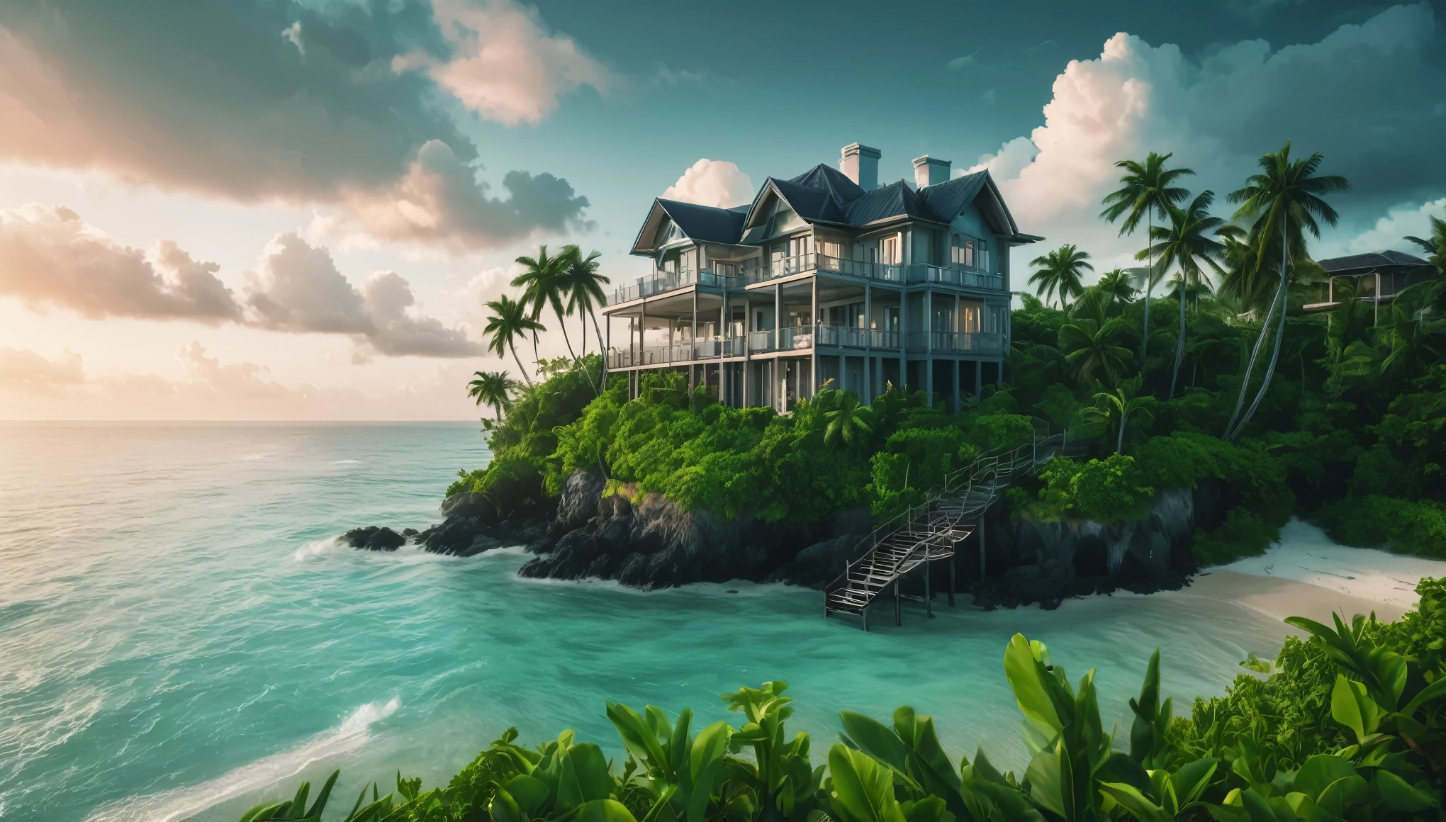 Create an image of a multi-story beautiful ornate luxury modern mansion perched precariously at the end of a tiny tropical island in the middle of the vast ocean. The island is lush with tropical vegetation. The scene should be cinematic, resembling a film still shot on a V-Raptor XL, with a film grain texture, vignette effect, and color grading to enhance the dramatic atmosphere. Stairs leading down from the house to the beach. The beach has a boardwalk branching out in a array of directions where they lead to luxury romantic huts on stilts sitting above the water with access from the boardwalk. The lighting should be cinematic, with a 35mm film quality and a live-action feel, meticulously post-processed to create an epic and stunning visual masterpiece. The mood should be a blend of exciting beautiful tranquility and amazing intensity, making the viewer feel a sense of awe and amazement. The sky should be clear with a few cumulus clouds, adding to the atmospheric tone of the image.

The image should evoke a sense of wonder and mystery, captivating art critics and evoking new emotions in those who view it. Ultra photo realistic, vibrant colors, 16 k