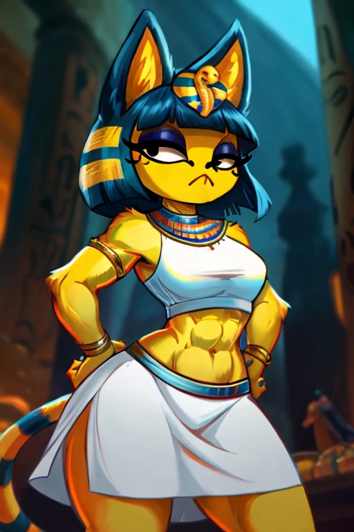 Ankha from animal crossing, anthro, beautiful girl, full body, attractive body, slim beautiful body, attractive beautiful face,  small chest, ultra hd, hdr,  intricate detail, masterpiece, 8k, nsfw, in the style of slugbox, pastel colors , glowing colors, classic outfi, tits out, chibi, short, flat chest. Tiny boobs,