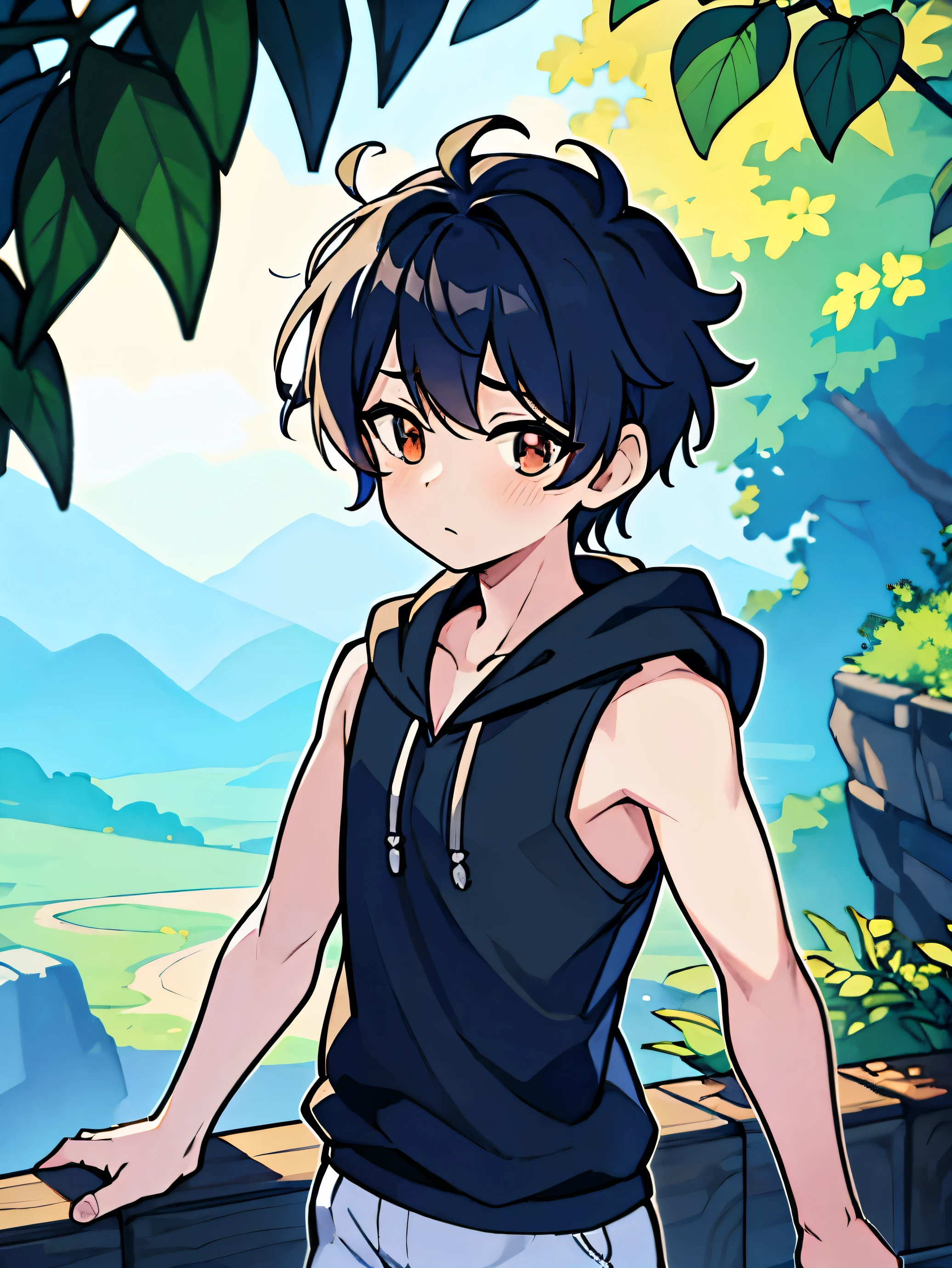 Anime style, Highres, Masterpiece, Best quality at best,High-quality illustrations, Best Quality,hight quality, hight detailed, Depth field, Anime screencap style, 1boy,Little Boy, Shota, Solo person, hansome boy, cute face, adorable boy, Jungle, Libido boy, Cheerful boy, Sleeveless hoodie, Body, Seen from front, boy focus, Uhd, 4k