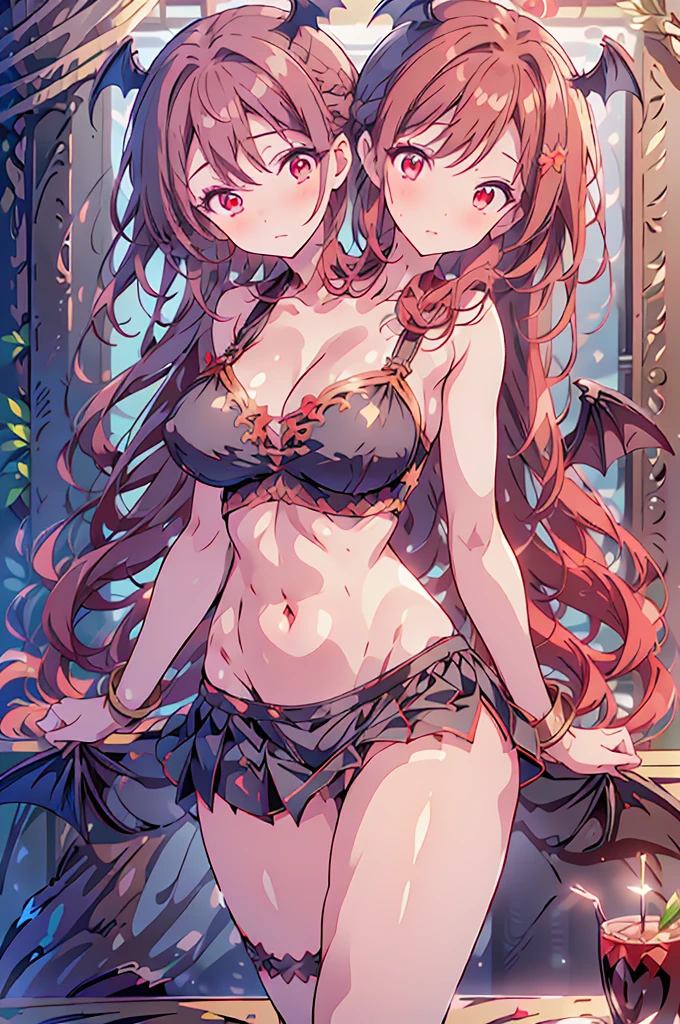 (masterpiece, best quality),best quality, (ultra-detailed), (3heads:1.5), 1girl, (koakuma:1.3), masterpiece, best quality, ultra quality, ultra resolution, ultra detail, white and black top, crop top, ((stomach)), midriff, ((groin)), black skirt, normal ears, shackles, red hair, very long hair, wavy hair, sidelocks, red eyes, parted lips, open belly, sweat, cute, toned belly, hand on own chest, eyelashes, (24 year old woman:1.3), (masterpiece:1.5), (best quality:1.5), (beautiful detailed), extremely detailed CG, extremely delicate and beautiful, depth of field, (finely detailed face), (perfect details:1.4), (mature female:1.3), wide pelvis, slender, large veiny breast, 16k resolution, highres, high quality, high definition, extremely detailed, masterpiece, red hair, long hair, alluring presence, braid, short skirt, close up, very big tits, huge tits, young, bat wings, demon girl, demon tail, demon wings, head wings, three headed girl,