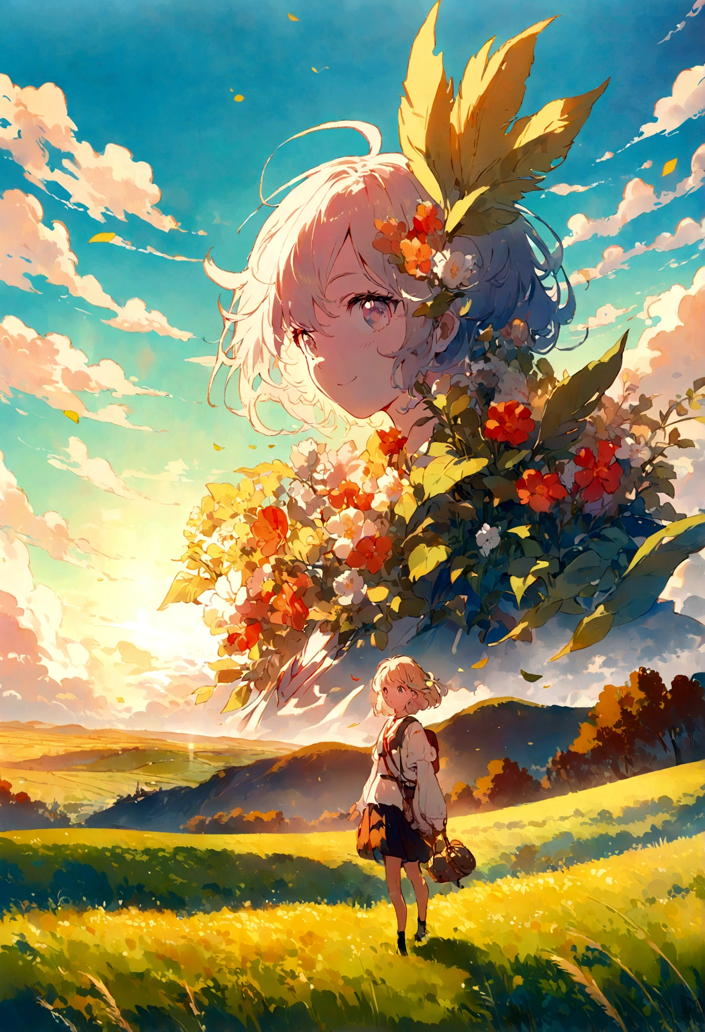 pure landscape,Gold as a theme,(((Fresh))),((hayao miyazaki illustration style)),((beautiful landscape:1.2)),masterpiece,detail,Beautiful Lights,4k,best quality,(Clear and bright),Big production,flower,outdoor,nature,leaf,Wide-angle lens,landscape,surtr (Ark of Tomorrow),((:1.3)),nature的,cloud,Sky,wheat field,summer,Terraced Fields,rich and colorful,Tone,Interleaved complexes,