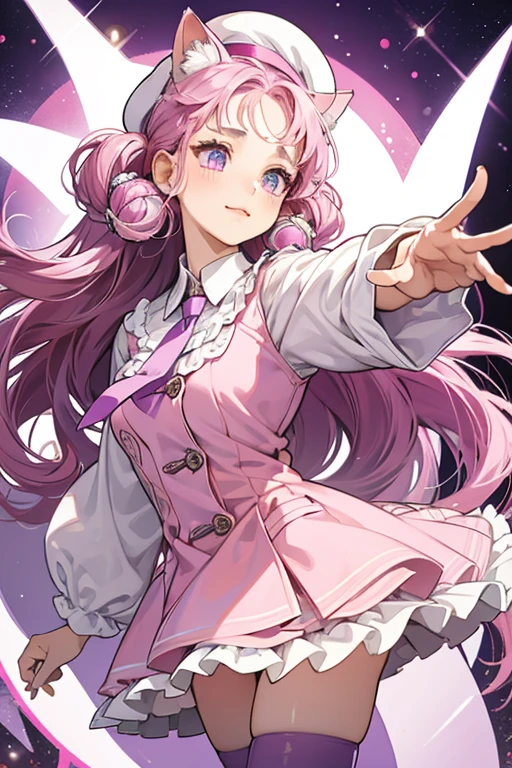 Pianitchi is white with a curly lock of hair down each side of her head. She also has one curl on her forehead. She wears a pink dress with round sleeves, as well as a dark pink tie and purple stockings. She has a purple beret with a stylised letter "P" on it, and without the beret, she has cat-like ears. Pianitchi's eyes are purple with sparkles and she has rosy pink cheeks. SPARKLE; GLITTER